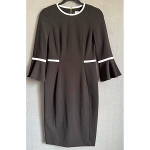Calvin Klein Dress Women Size 2 Black White Trim Bell Sleeve Sheath Care Casual